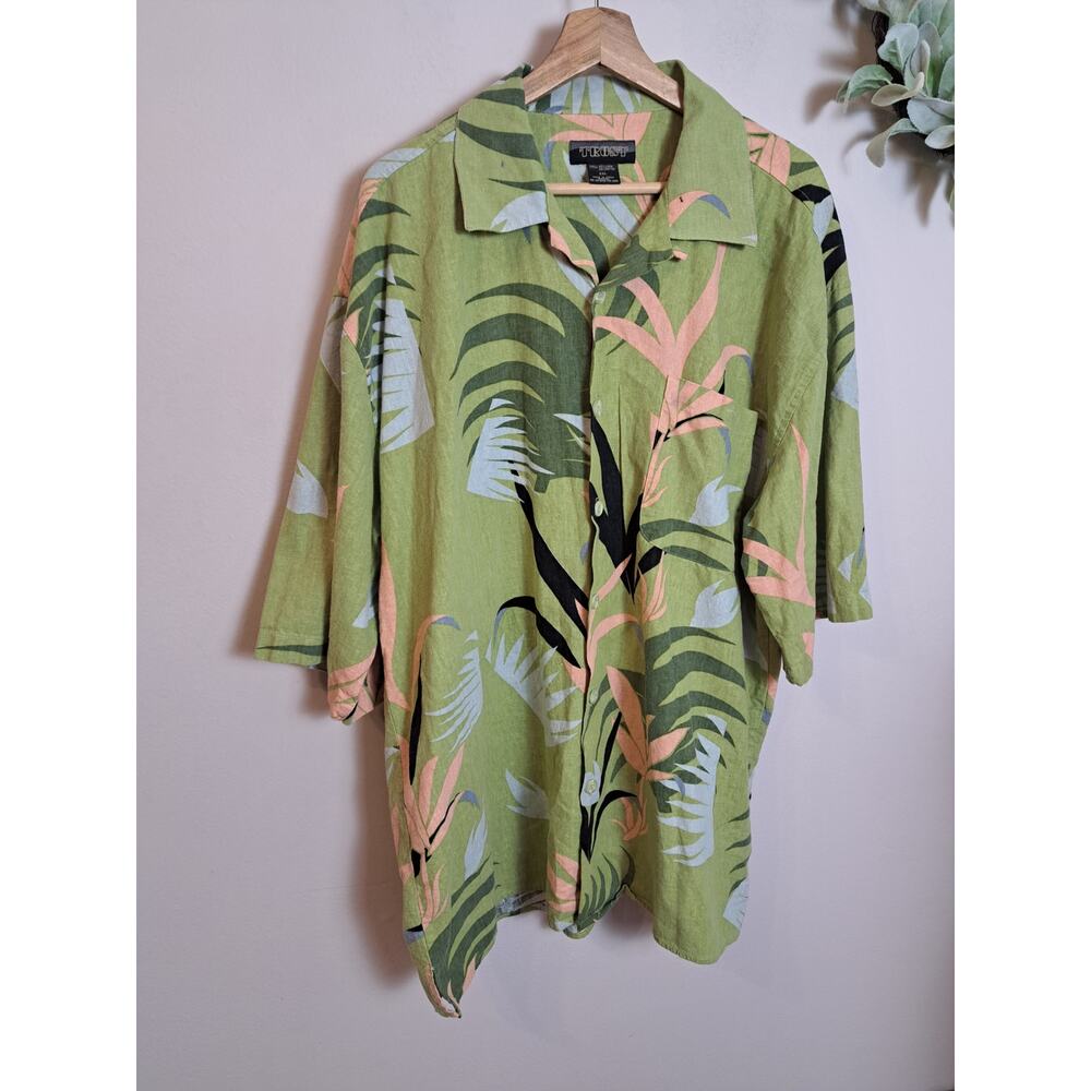 Trust Men's Hawaiian Shirt Green Tropical Linen Blend Sz XXL